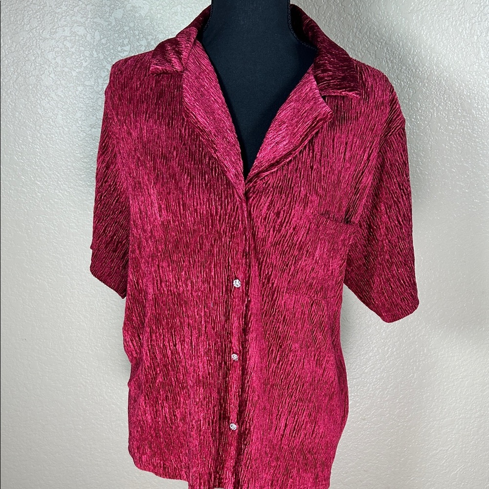 Nicole Miller Silky Stretch Button Up Blouse Rhinestone Buttons Size Large